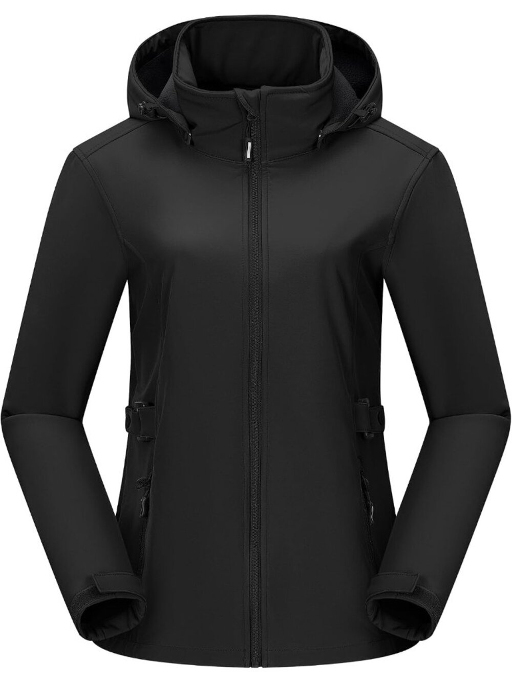 Womens Black Fleece Lined Removable Hood Full Zip Waterproof Softshell Rain Coat